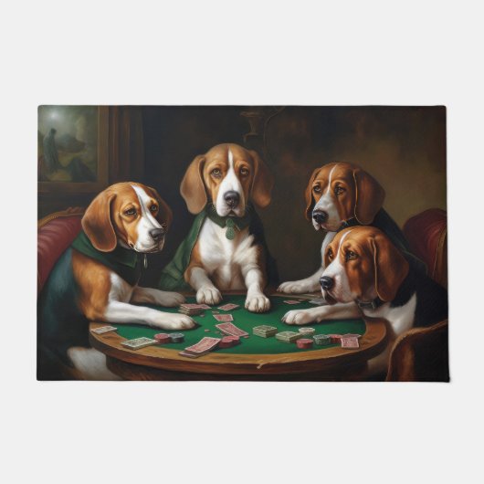 ポーカーをするビーグル犬のアート ドアマット (正面)
