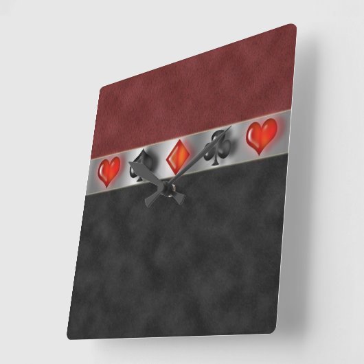 ポーカーカードズスイートゲームズデジタルブラックレッドスエード スクエア壁時計 (傾斜)