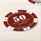 ポーカーチップ 50歳の誕生日パーティー 赤 ラウンドペーパーコースター (アングル)