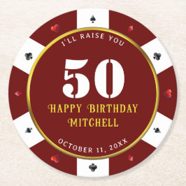 ポーカーチップ 50歳の誕生日パーティー 赤 ラウンドペーパーコースター