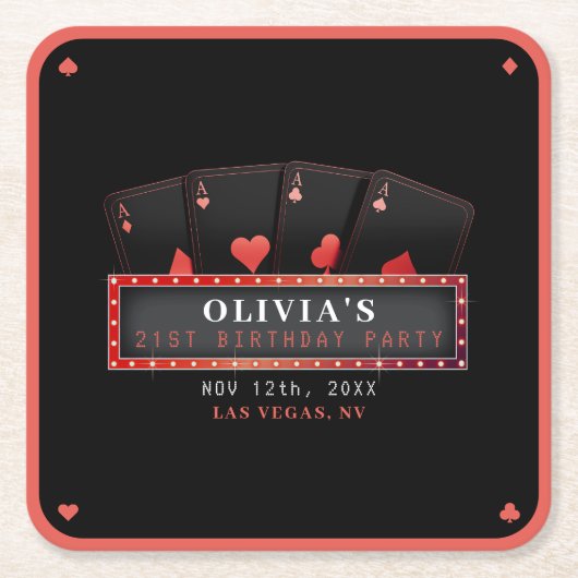 ポーカー・エース・レッド&ブラック 21歳の誕生日パーティー スクエアペーパーコースター (正面)