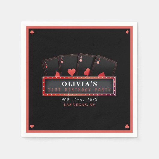 ポーカー・エース・レッド&ブラック 21歳の誕生日パーティー スタンダードカクテルナプキン (正面)