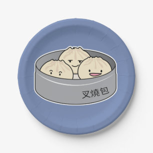 ポークパンの点心の中国のな朝食によってはbbqのパンが蒸気を発しました ペーパープレート