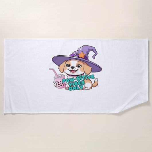 ポーサイティブな雰囲気のみ – バブルティーAのかわいい犬 ビーチタオル (正面)