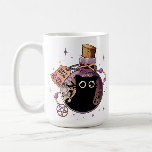 ポーションよくはしゃぐボトルに閉じ込められた邪悪な猫モンスター コーヒーマグカップ (左)