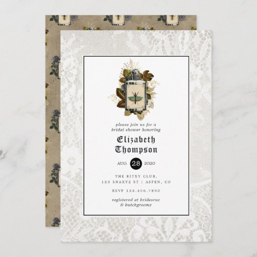 ポーションボトル及びレースゴシックブライダルシャワー 招待状 (正面/裏面)