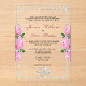 ポースフレームダイヤモンドリングや輪&ピンクローズ結婚ズ アクリル招待状 (正面)