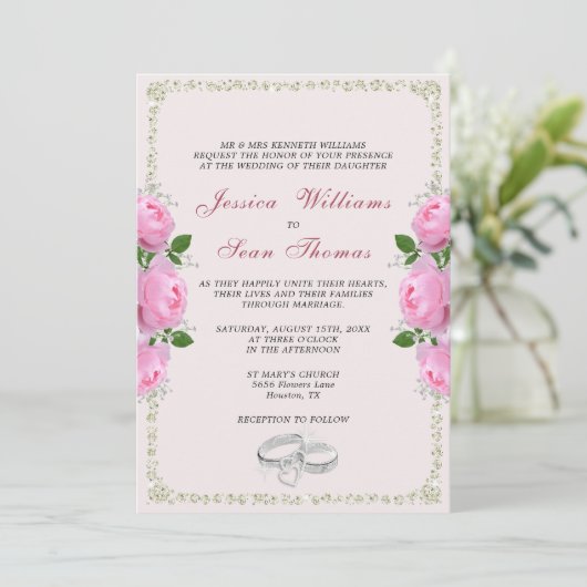 ポースフレームダイヤモンドリングや輪&ピンクローズ結婚ズ 招待状 (スタンド正面)
