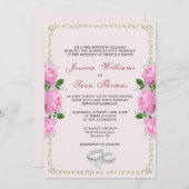 ポースフレームダイヤモンドリングや輪&ピンクローズ結婚ズ 招待状 (正面/裏面)