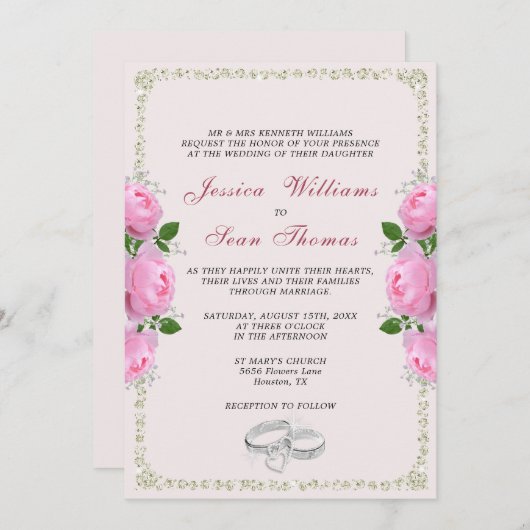 ポースフレームダイヤモンドリングや輪&ピンクローズ結婚ズ 招待状 (正面/裏面)