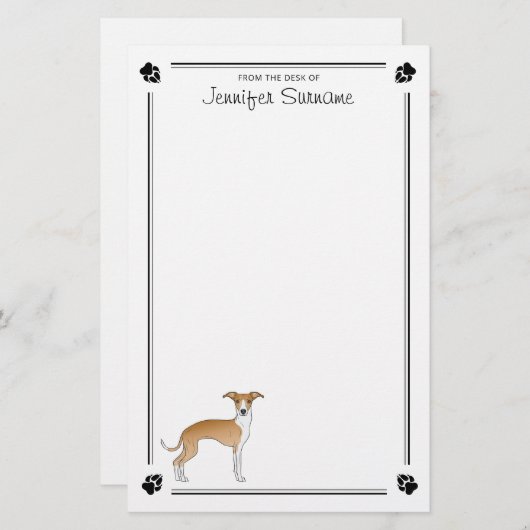 ポーズとイタリアン文字で子犬と白グレイハウンド 便箋 (正面/裏面)