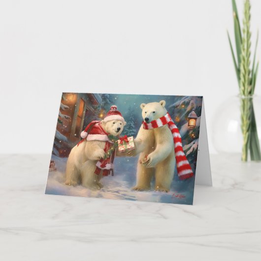 ポーズとプレゼント:ポーラーベアのクリスマスエクスチェンジ カード (正面)