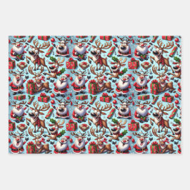 ポーズのコミカルおもしろいトナカイ ラッピングペーパーシート