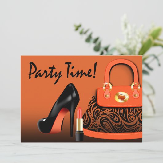 ポーズバッグ、ハイヒールと口紅ガールズパーティー 招待状 (スタンド正面)