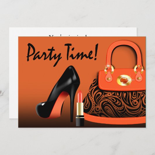 ポーズバッグ、ハイヒールと口紅ガールズパーティー 招待状 (正面/裏面)
