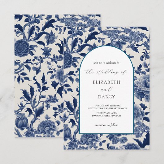 ポーセリン・エレガンス：青い花のウェディング招待状 招待状 (正面/裏面)