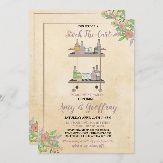 ポータブルバーのパーティーの婚約のカップルのヴィンテージに貯蔵して下さい 招待状 (正面/裏面)