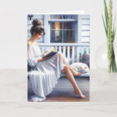 ポーチかわいらしスイングの女性と猫 カード (正面)