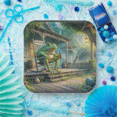 ポーチのロッキングチェアに座っているカエル ペーパープレート (パーティー)