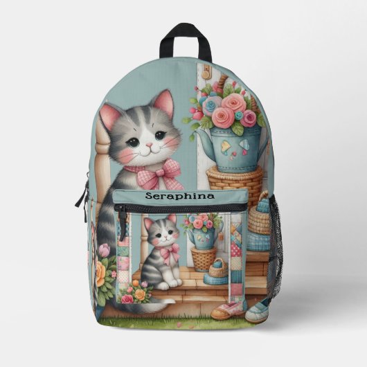 ポーチの子猫のフラワーパッチワークシーン プリントバックパック (正面)