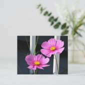 ポーチの手すりを通る2つのピンクのコスモス ポストカード (スタンド正面)