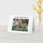 ポーチ、ハッピーバースデーの犬及び花! カード (黄色い花)