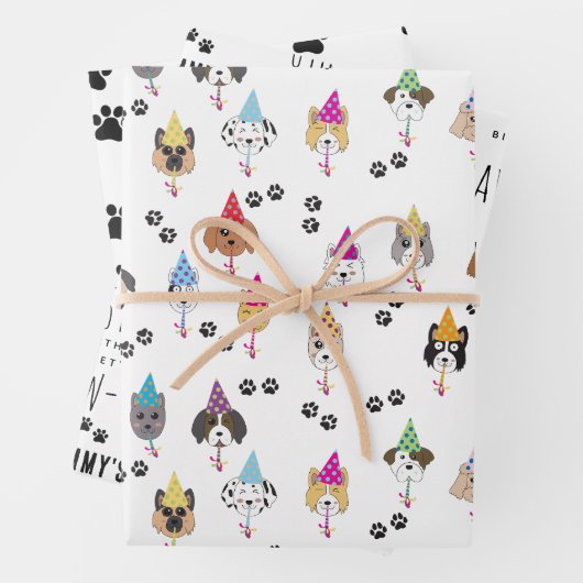 ポーティかわいい誕生日パーティー犬の名前をカスタムする時代 ラッピングペーパーシート (インサイチュ)