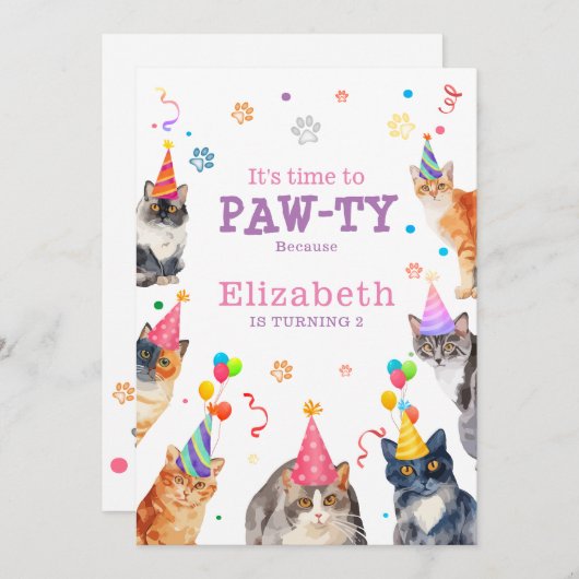 ポーティタイムキャットおもしろいをテーマにした子供の誕生日 招待状 (正面/裏面)