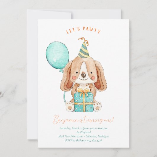 ポーティ子犬の誕生日パーティーへの招待を許可 招待状 (正面)