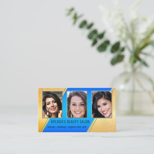 ポートフォリオ美しいサロンブルー金ゴールド 名刺 (スタンド正面)