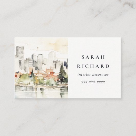 ポートラエレガントンドオレゴン州シティスケープ水彩 名刺 (正面)