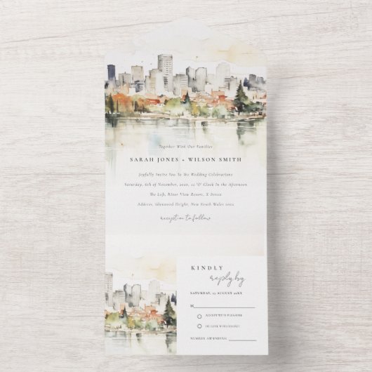 ポートラエレガントンドオレゴン州スカイラインウォーター結婚カラー オールインワン招待状 (内側)