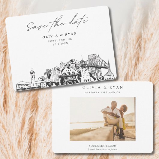 ポートランドの結婚式のスカイラインスケッチ Save the Date 招待状