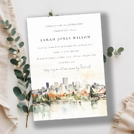 ポートランドオレゴンのシティスケープ水カラー誕生日 招待状