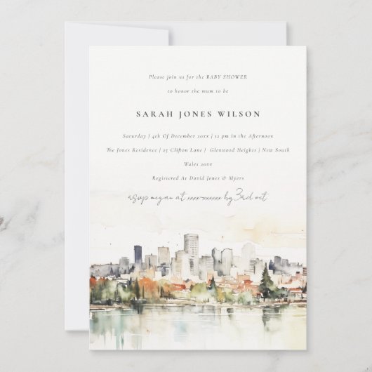 ポートランドオレゴンのスカイラインウォーターカラーベビーシャワー 招待状 (正面)