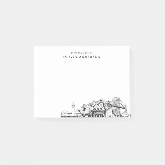 ポートランドスカイラインのデスクからパーソナライズされた ポストイット (正面)