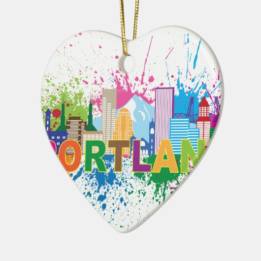 ポートランドスカイラインのペンキの（ばちゃばちゃ）跳ねるのイラストレーション セラミックオーナメント (左)