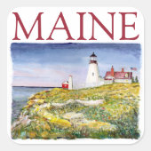 ポートランドヘッドライトハウスメインウォーターカラー絵画ズ スクエアシール (正面)