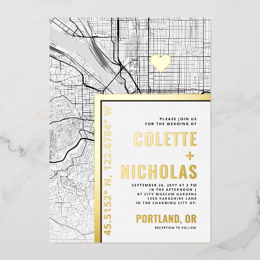 ポートランドラブロケーター |シティテーマ結婚の 箔招待状 (正面)