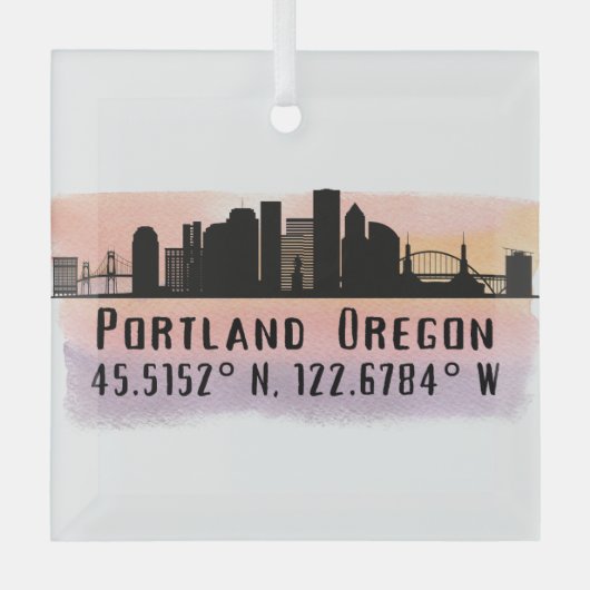 ポートランドORシティスカイライン緯度と経度 ガラスオーナメント (正面)