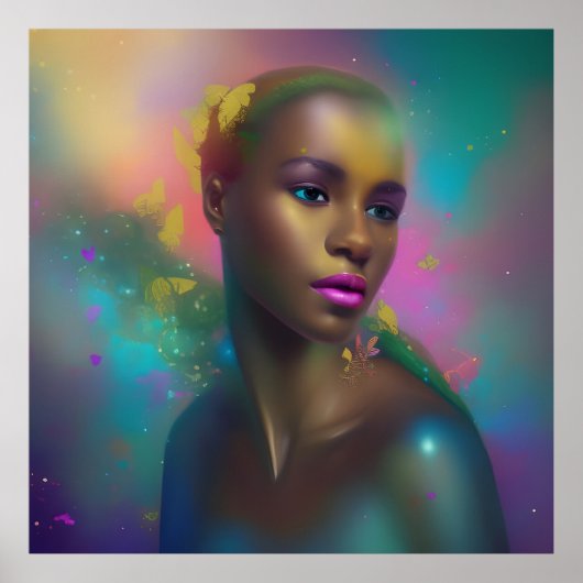 ポートレートカラフルバタフライブルーピンクパープルガール ポスター (正面)