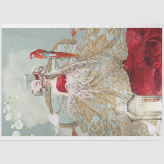 ポートレートガール座る鳥とフローラアート 薄葉紙 (正面)