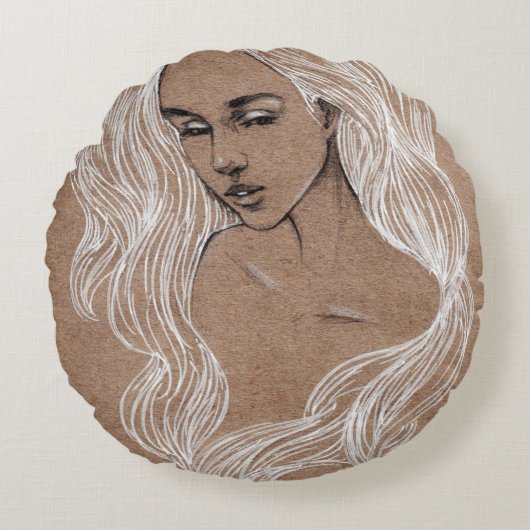 ポートレートスケッチ：少女イラストレーション ラウンドクッション (正面)
