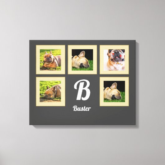 ポートレートドッグペットフォトコラージングモノグラムon gray キャンバスプリント (正面)