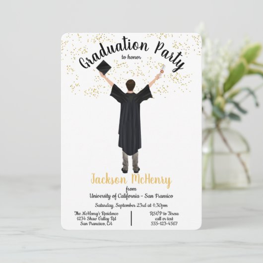 ポートレートパーソナライズされた男性の卒業招待状 招待状 (スタンド正面)