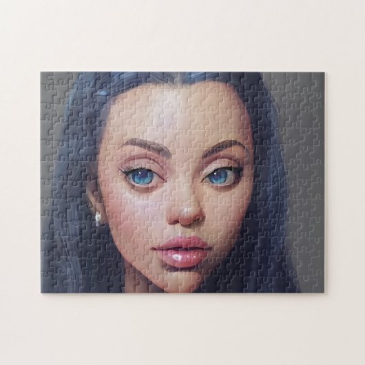 ポートレートブルーヘアアイズスマイル若い女性 ジグソーパズル (横)