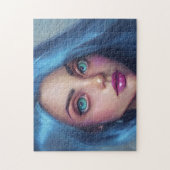 ポートレートブルーヘアグリーンアイズスマイル若い女性 ジグソーパズル (縦)