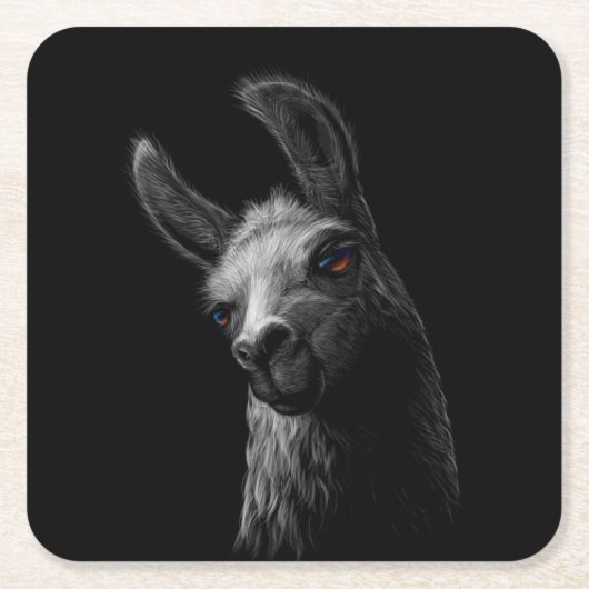 ポートレート頭かわいいラマと黒い背景 スクエアペーパーコースター (正面)