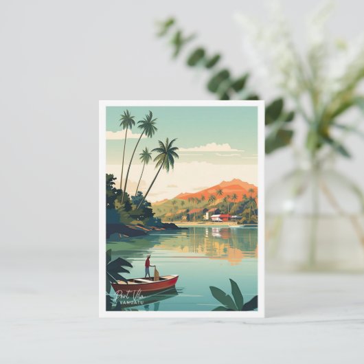 ポートヴィラバヌアツアートヴィンテージトラベルイラストレーション ポストカード (スタンド正面)