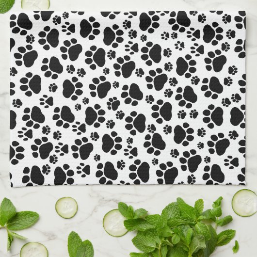 ポーパターン、犬の足、ポープリント、白黒 キッチンタオル (折り畳み)